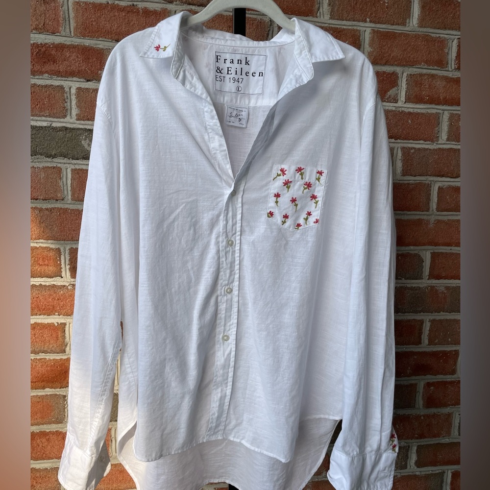 Frank & Eileen White Button-Down Shirt with Pink & Green Embroidered Accents